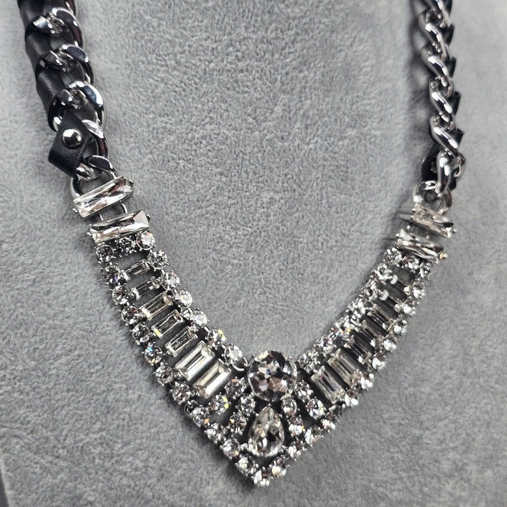 Cabi Silver Tone Crystal Bib Runway Statement Necklace Black Faux Leather Chain